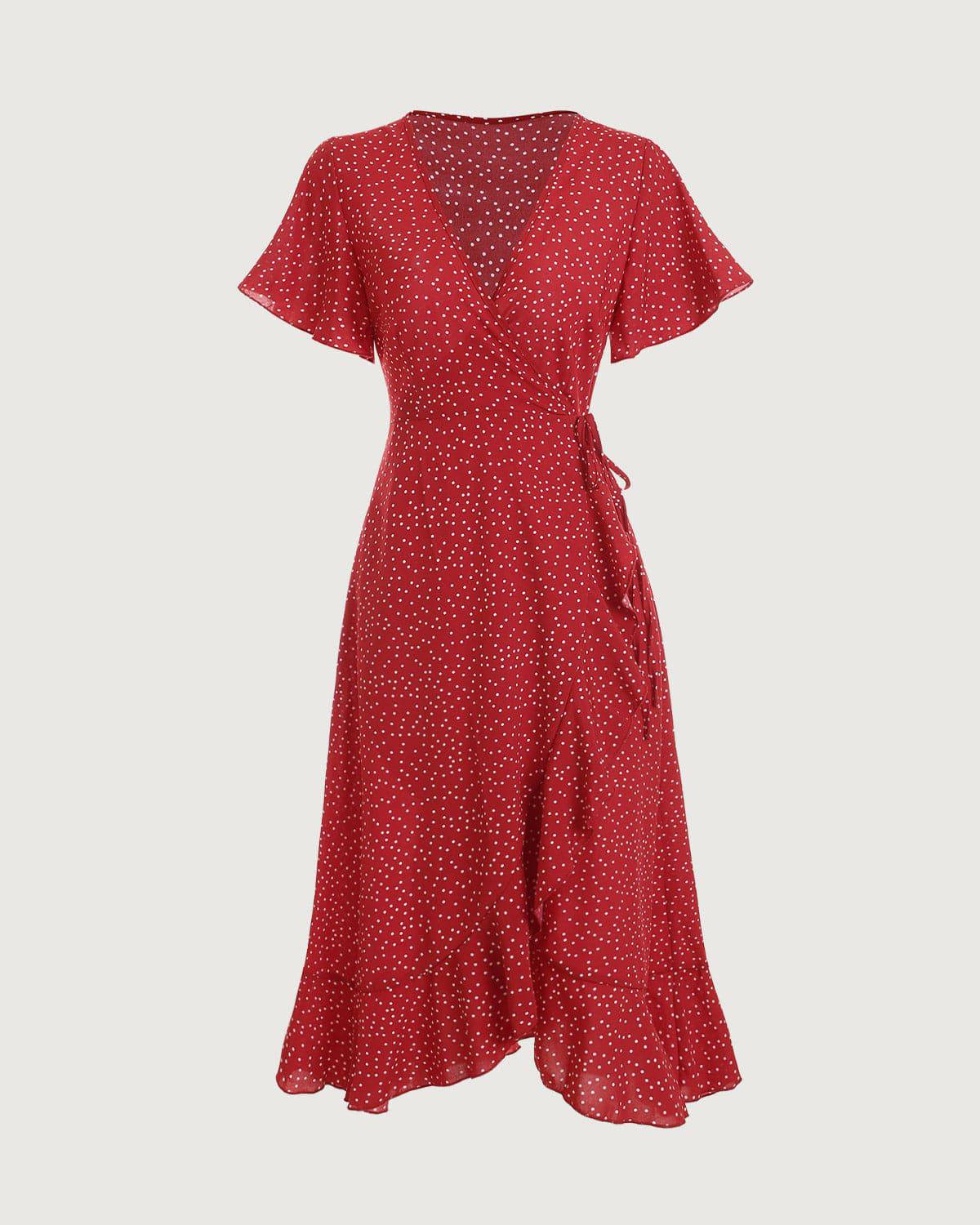 Robe Longue Femme Enveloppe à Volants à Pois Rouge MAX FOR ME