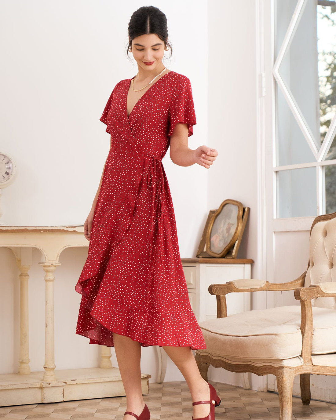 Robe Longue Femme Enveloppe à Volants à Pois Rouge MAX FOR ME