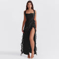 Robe Longue Femme Fendue Volants Noir / XS MAX FOR ME