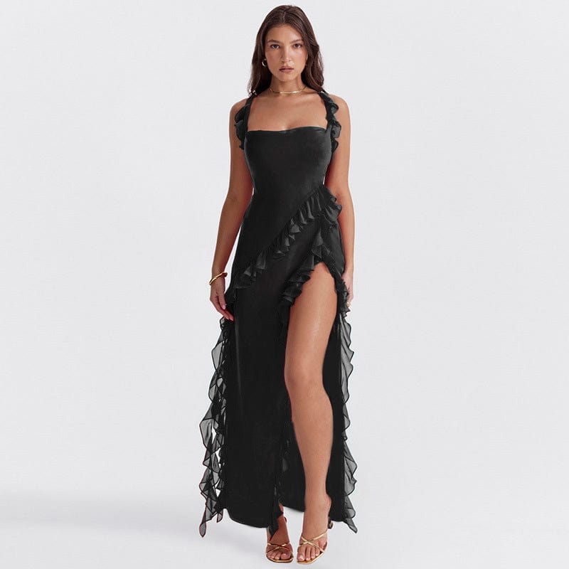 Robe Longue Femme Fendue Volants Noir / XS MAX FOR ME