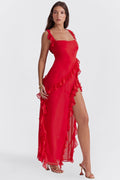 Robe Longue Femme Fendue Volants Rouge / XS MAX FOR ME