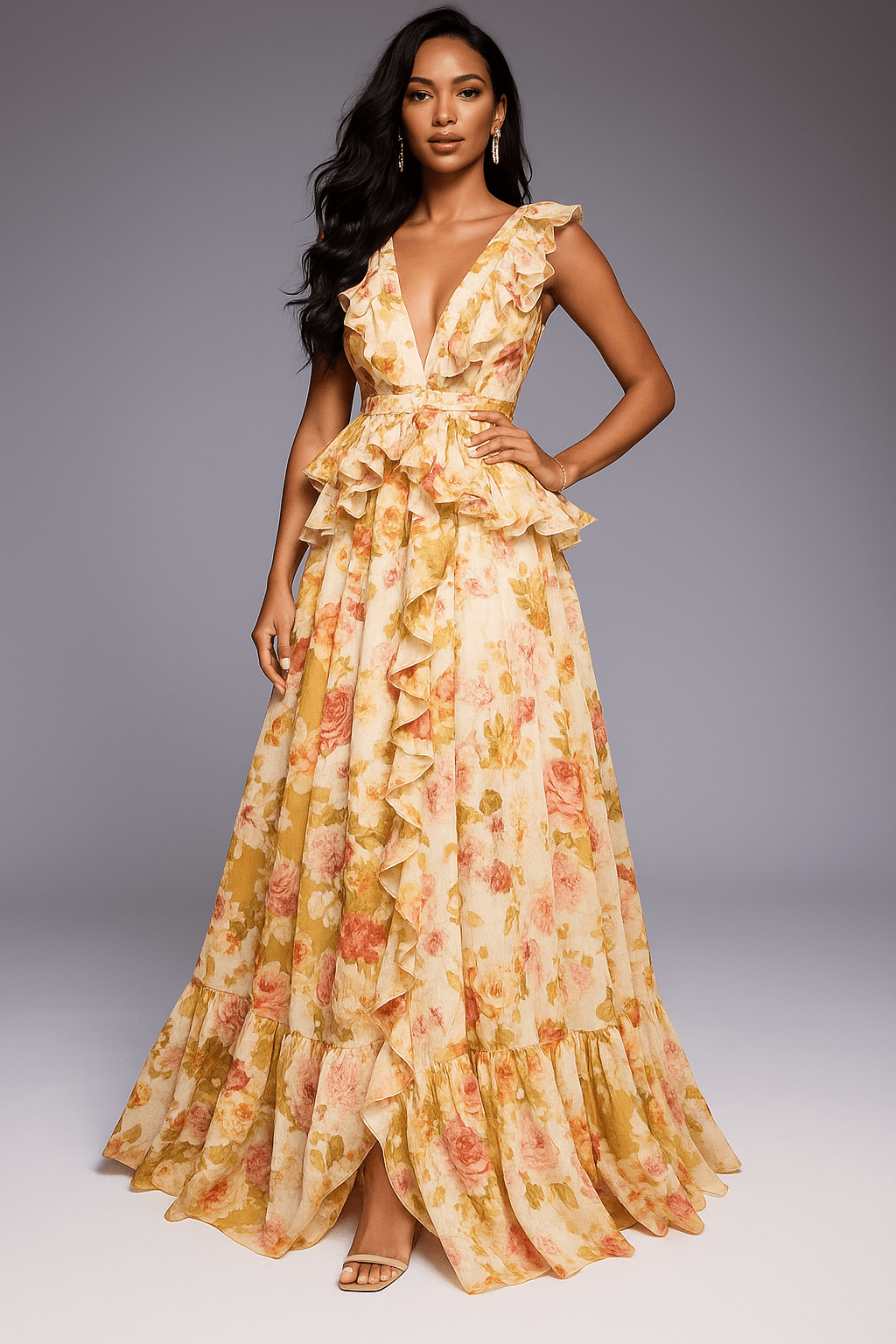 Robe Longue Femme Imprimée Sans Manches Décolleté en V Léopard Sable MAX FOR ME