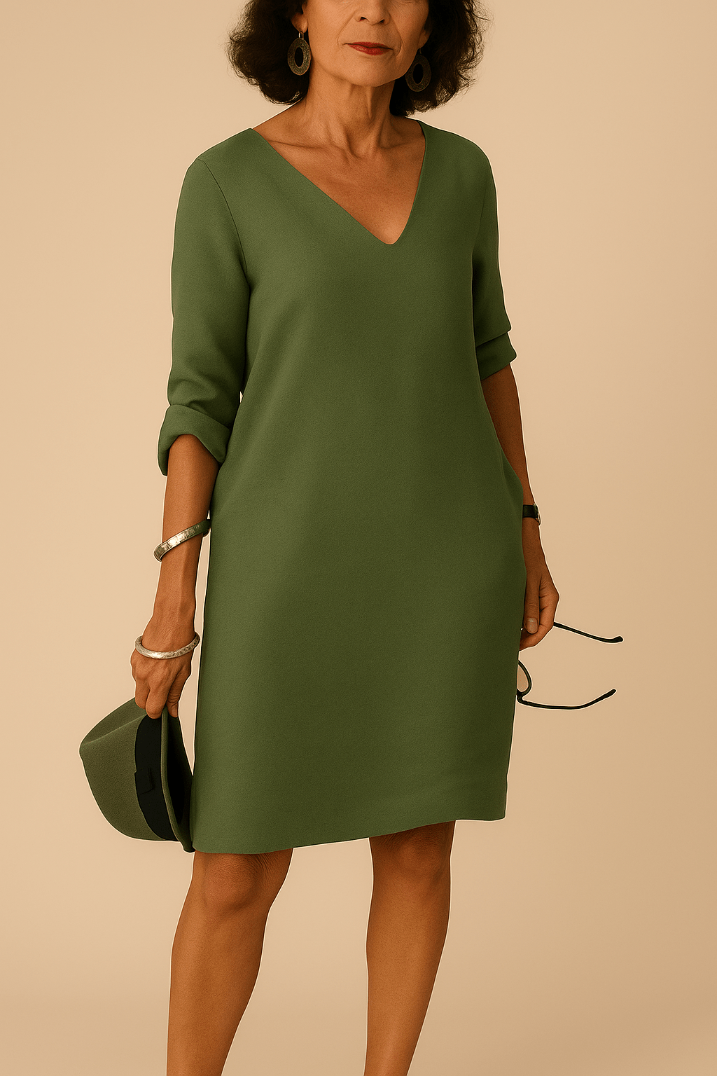 Robe Longue Femme V-Cou - Mélange Soie Mousseline Élégante Vert Doré / S MAX FOR ME