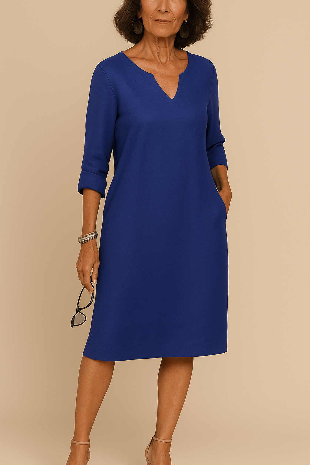Robe Longue Femme V-Cou - Mélange Soie Mousseline Élégante Bleu / S MAX FOR ME