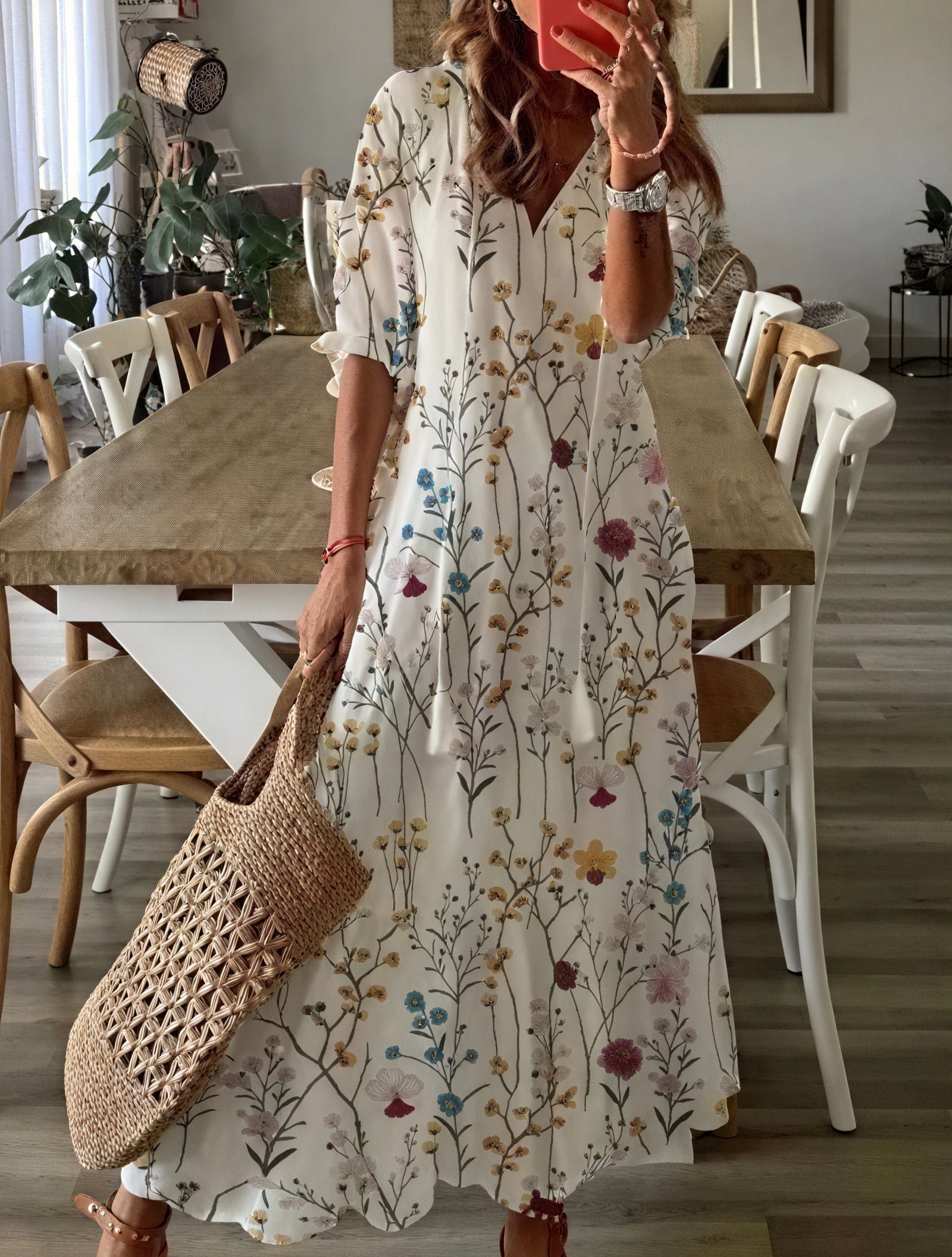 Robe longue fleurie bohème – manches bouffantes et décolleté en V Beige Foncé / S MAX FOR ME