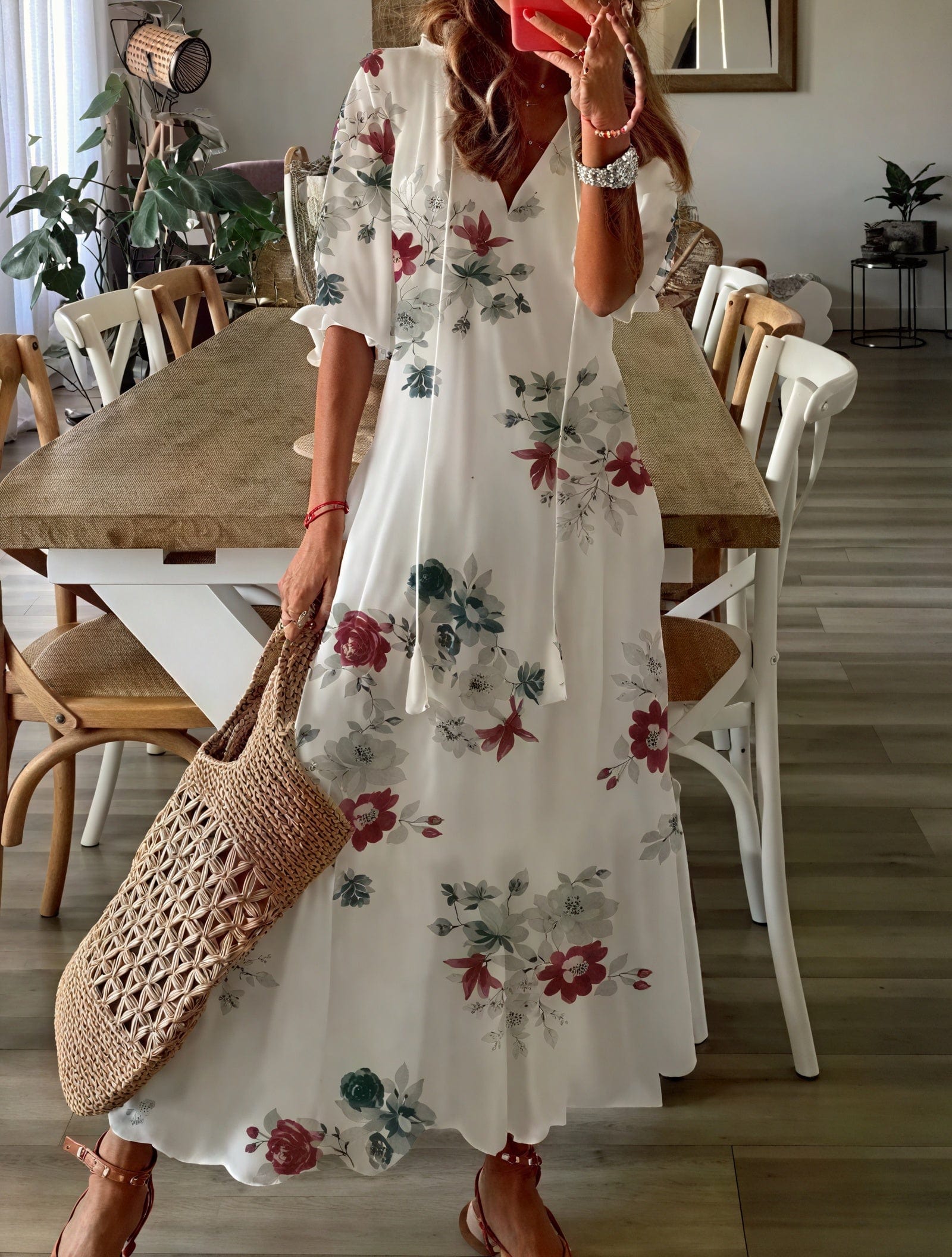 Robe longue fleurie bohème – manches bouffantes et décolleté en V Blanc / S MAX FOR ME