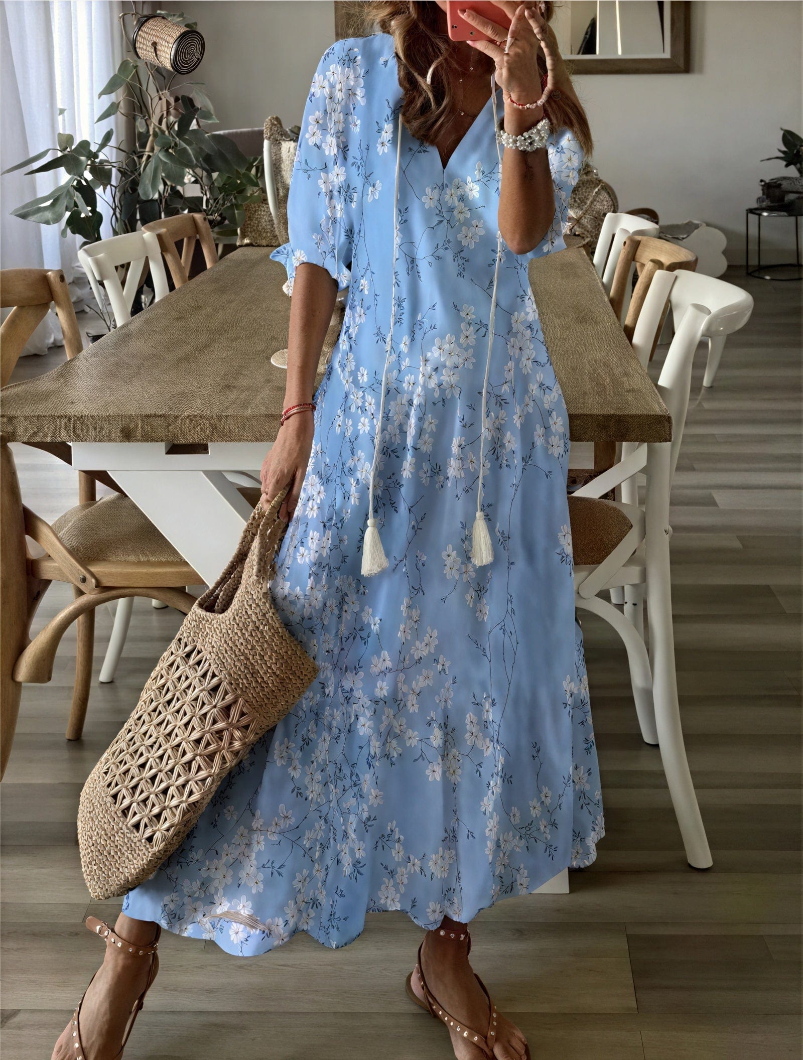 Robe longue fleurie bohème – manches bouffantes et décolleté en V Bleu Azur / S MAX FOR ME