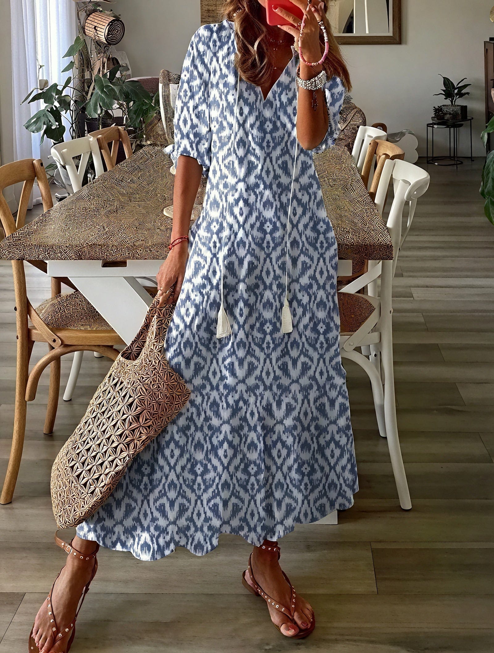 Robe longue fleurie bohème – manches bouffantes et décolleté en V Bleu ciel / S MAX FOR ME