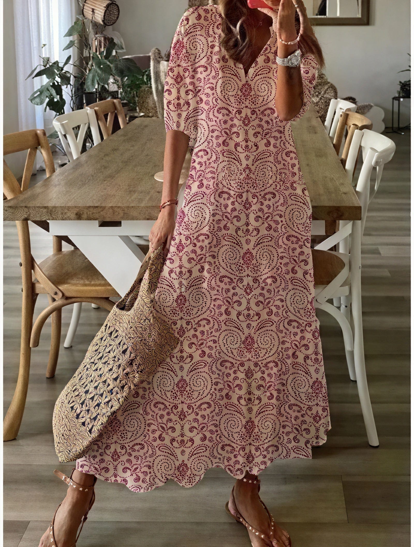 Robe longue fleurie bohème – manches bouffantes et décolleté en V Rose / S MAX FOR ME