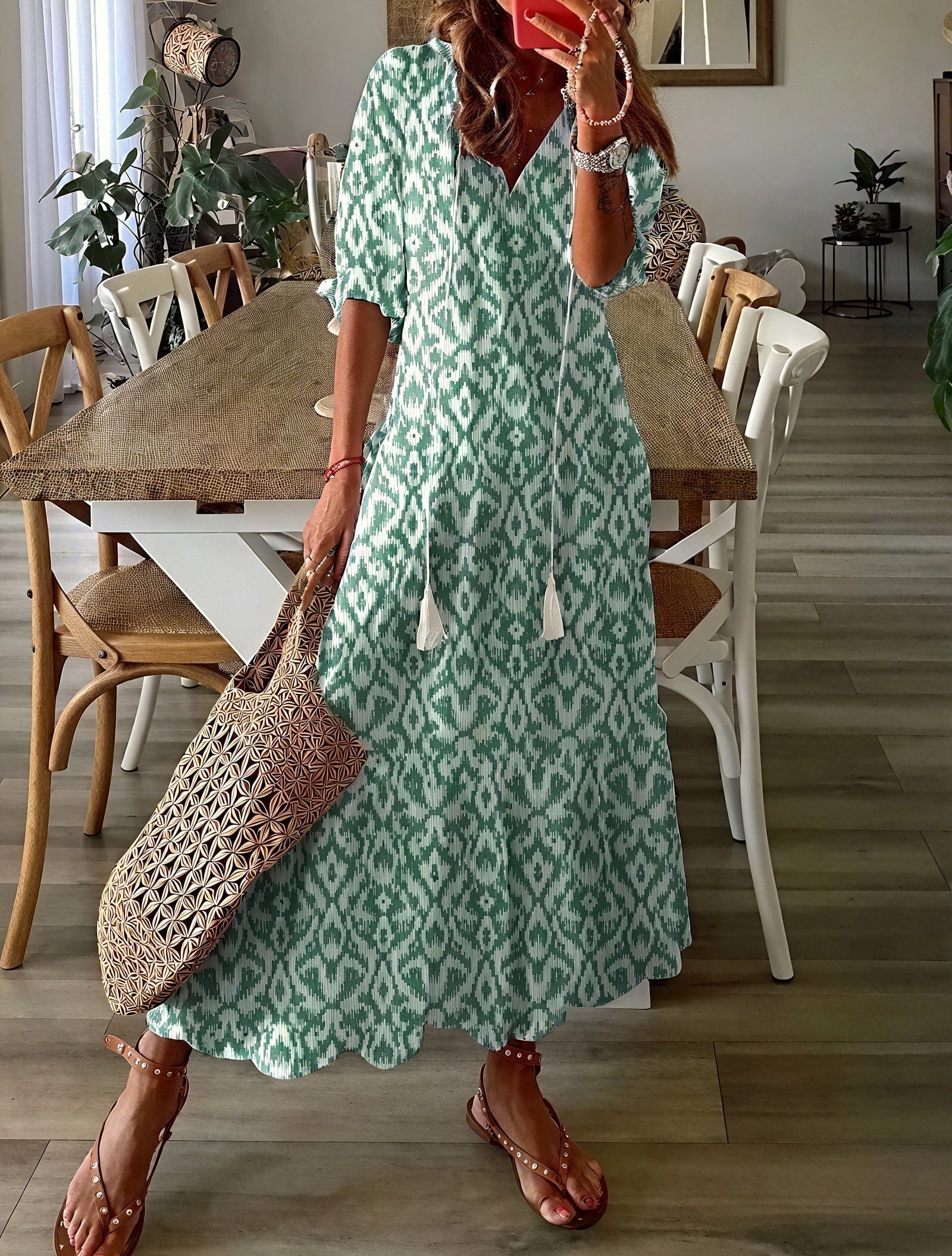 Robe longue fleurie bohème – manches bouffantes et décolleté en V Vert Clair / S MAX FOR ME