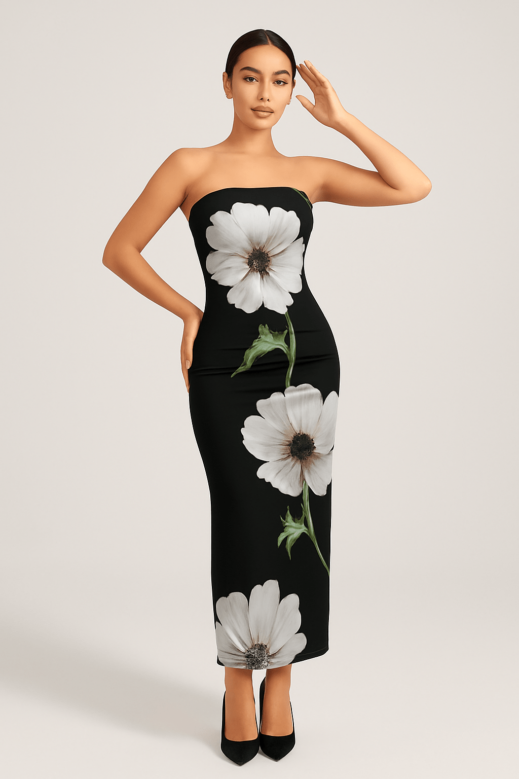 Robe Longue Fleurie Contrastée – Épaules Dénudées Noir Pivoine / S MAX FOR ME