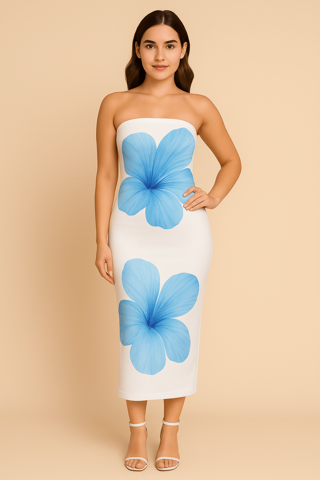 Robe Longue Fleurie Contrastée – Épaules Dénudées Bleu Azur / S MAX FOR ME