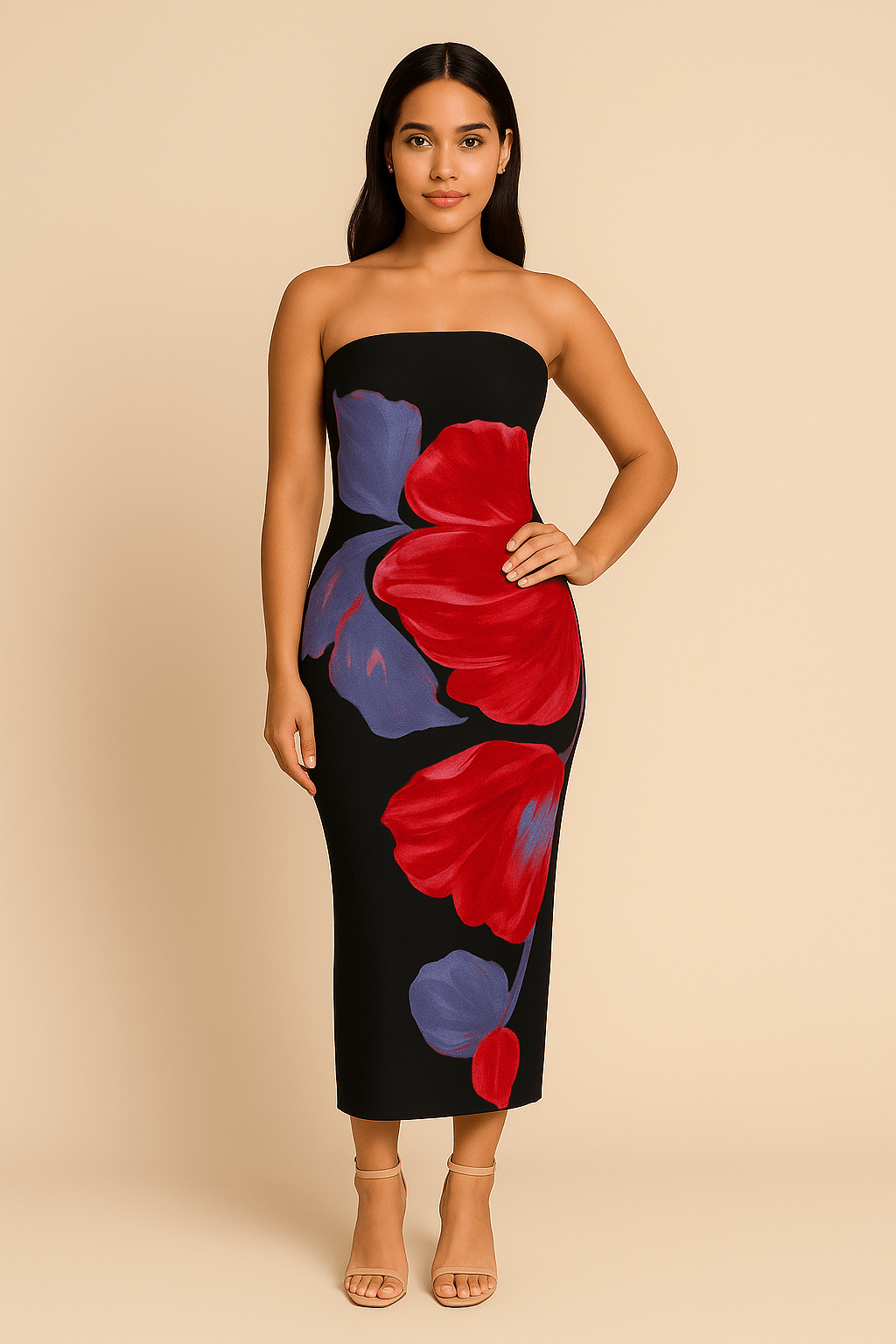Robe Longue Fleurie Contrastée – Épaules Dénudées MAX FOR ME