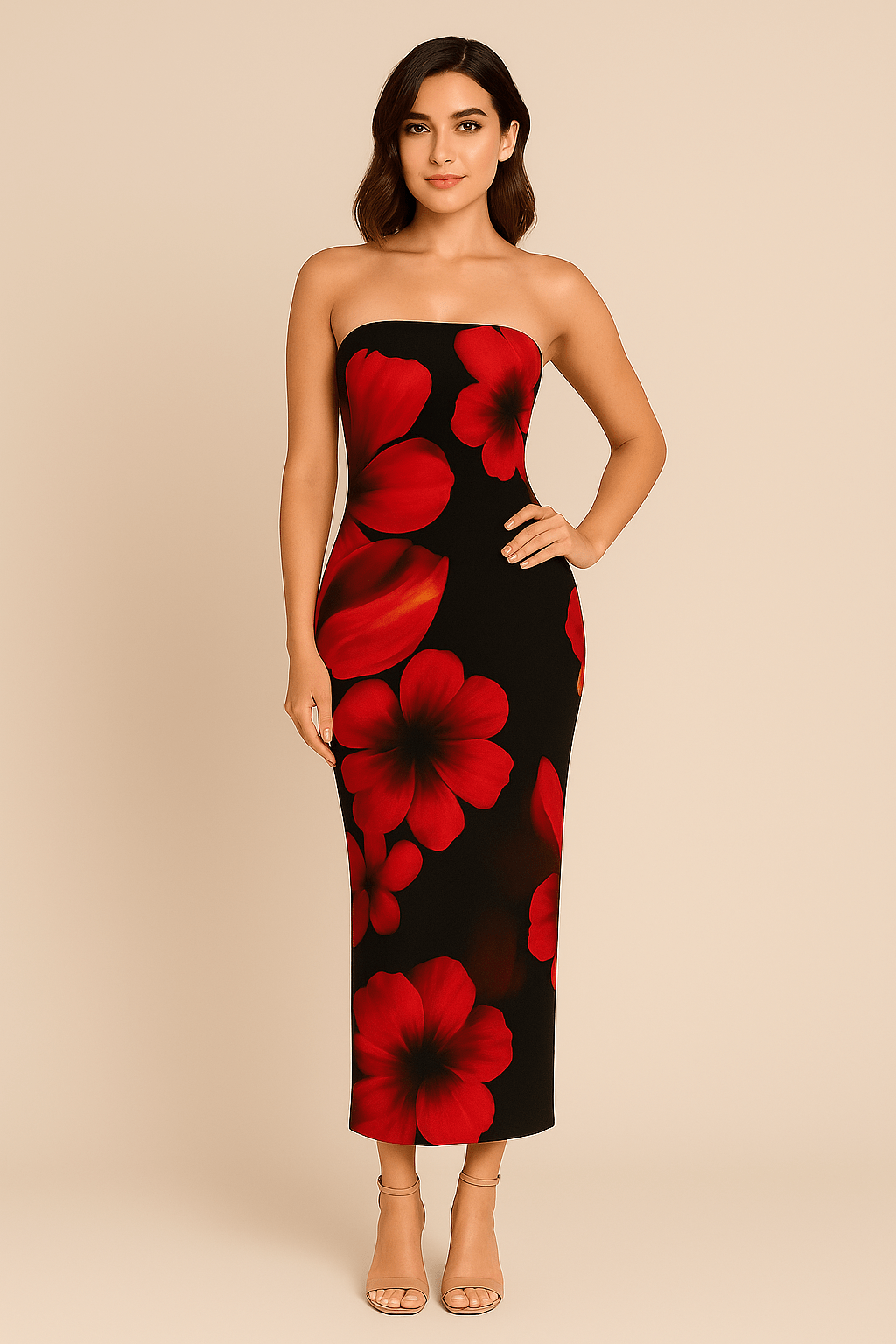Robe Longue Fleurie Contrastée – Épaules Dénudées MAX FOR ME