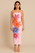 Robe Longue Fleurie Contrastée – Épaules Dénudées Rose Bubblegum / S MAX FOR ME