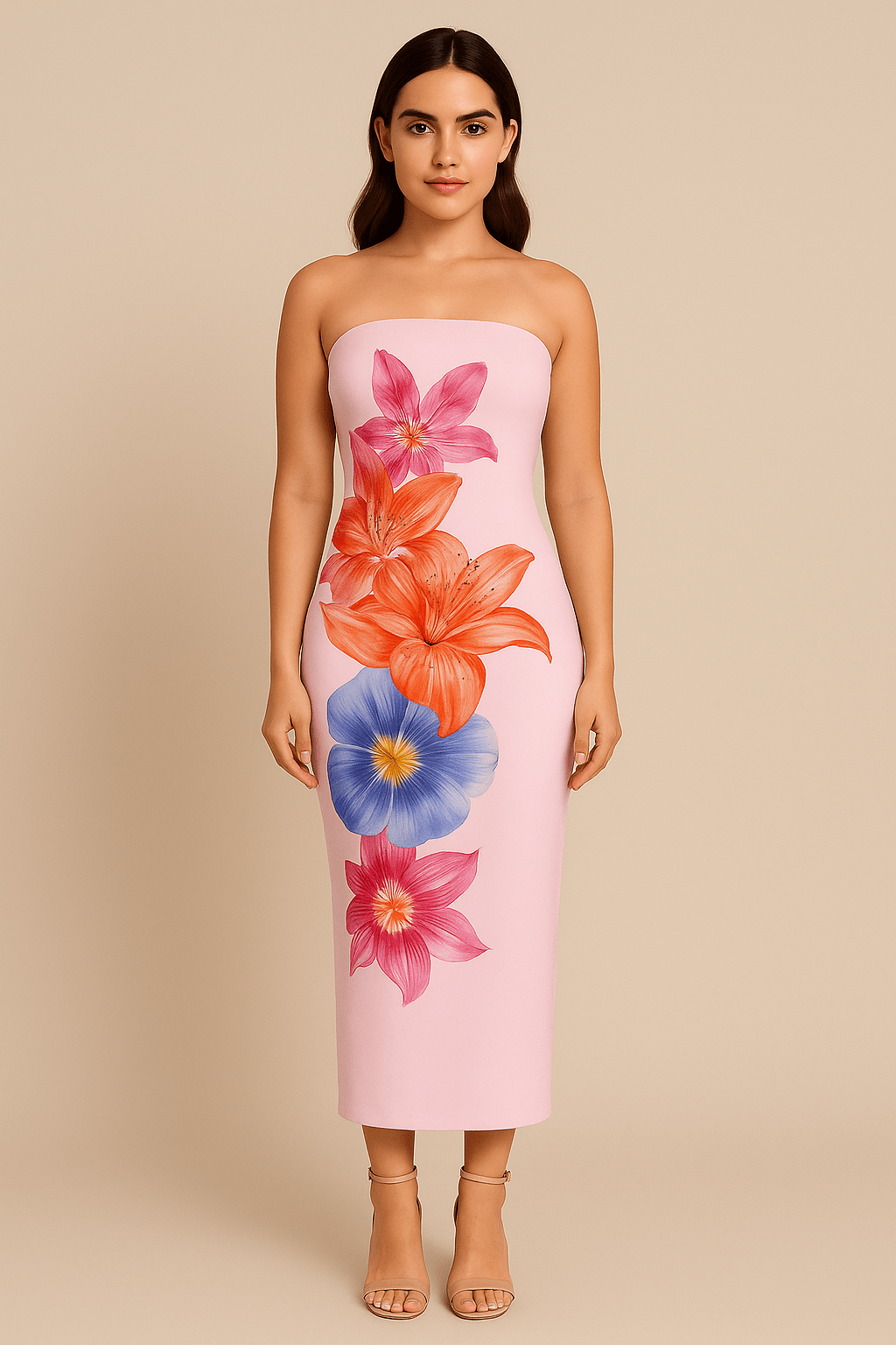 Robe Longue Fleurie Contrastée – Épaules Dénudées Rose Bubblegum / S MAX FOR ME