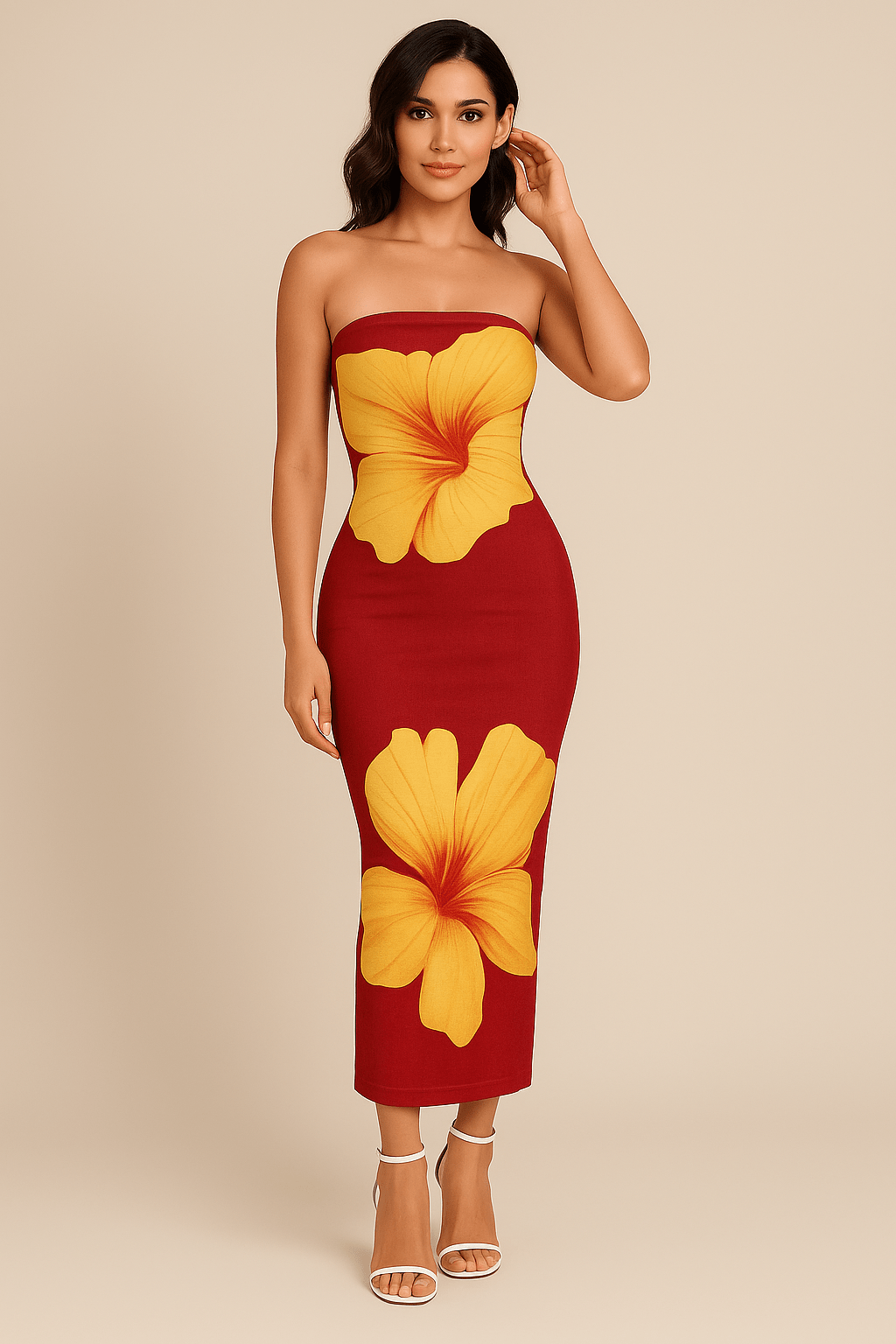 Robe Longue Fleurie Contrastée – Épaules Dénudées Soleil Doré / S MAX FOR ME