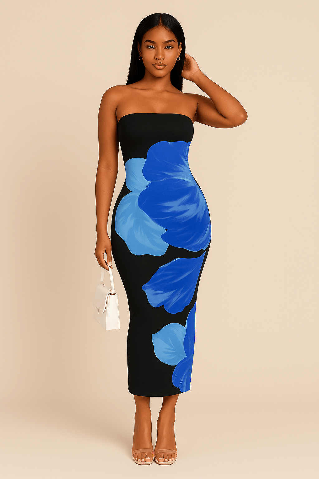 Robe Longue Fleurie Contrastée – Épaules Dénudées Noir Carmin / S MAX FOR ME