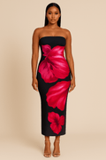Robe Longue Fleurie Contrastée – Épaules Dénudées Corail Frais / S MAX FOR ME