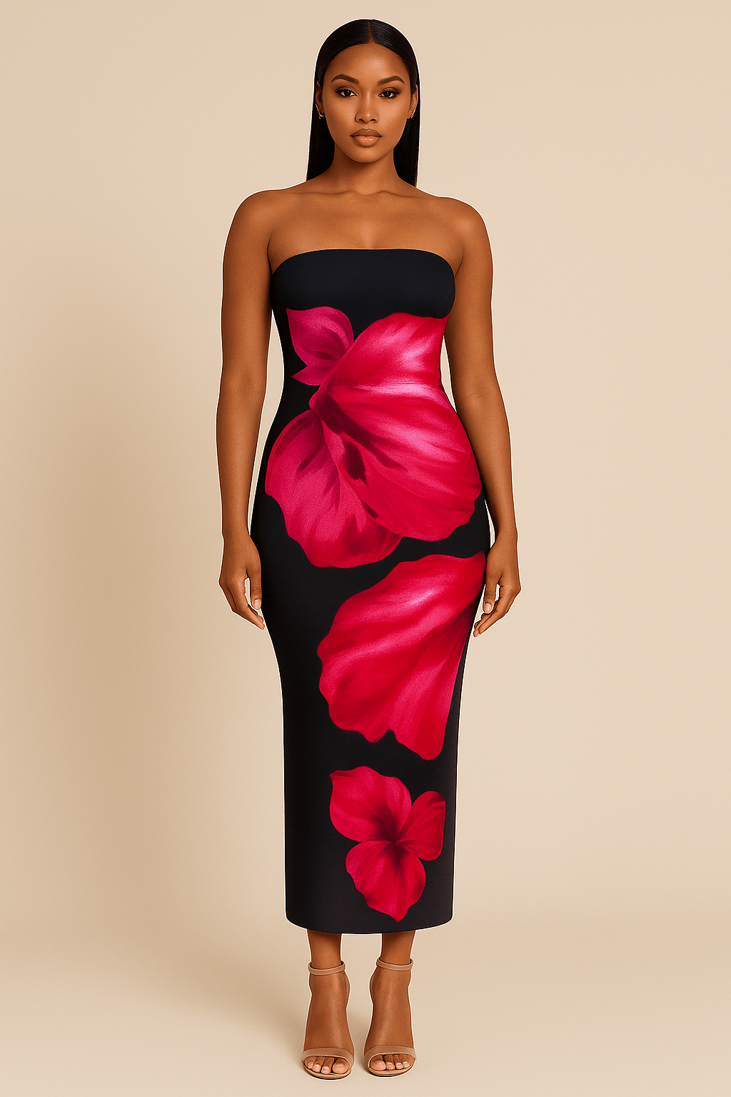 Robe Longue Fleurie Contrastée – Épaules Dénudées Corail Frais / S MAX FOR ME