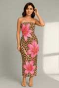 Robe Longue Fleurie Contrastée – Épaules Dénudées Léopard Sable / S MAX FOR ME