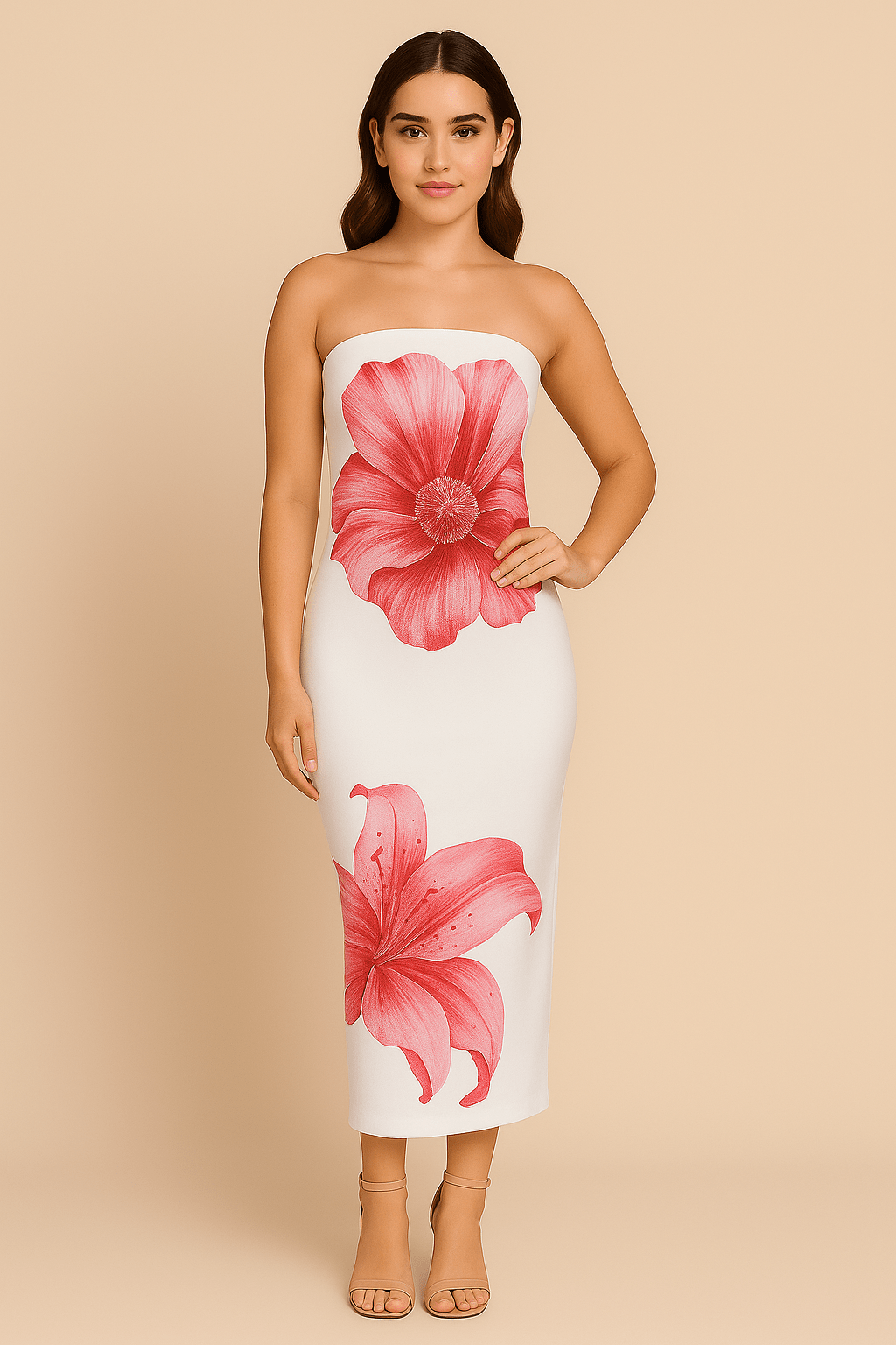 Robe Longue Fleurie Contrastée – Épaules Dénudées MAX FOR ME