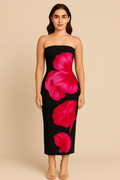 Robe Longue Fleurie Contrastée – Épaules Dénudées MAX FOR ME