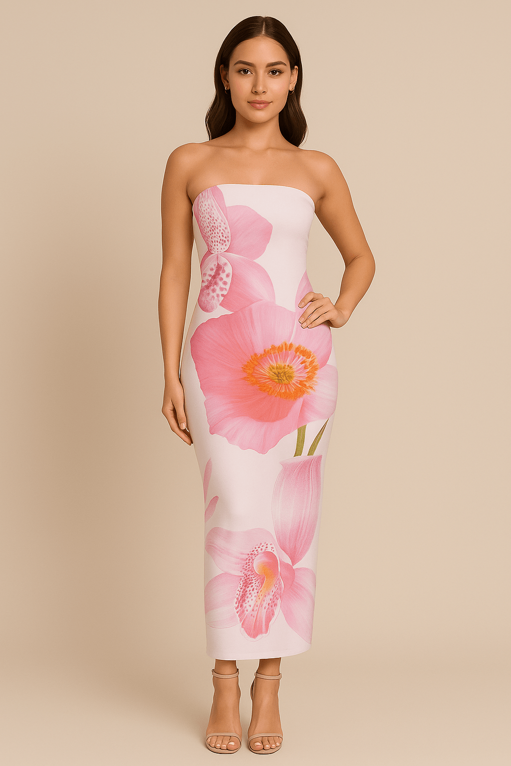 Robe Longue Fleurie Contrastée – Épaules Dénudées Rouge Nuit / S MAX FOR ME