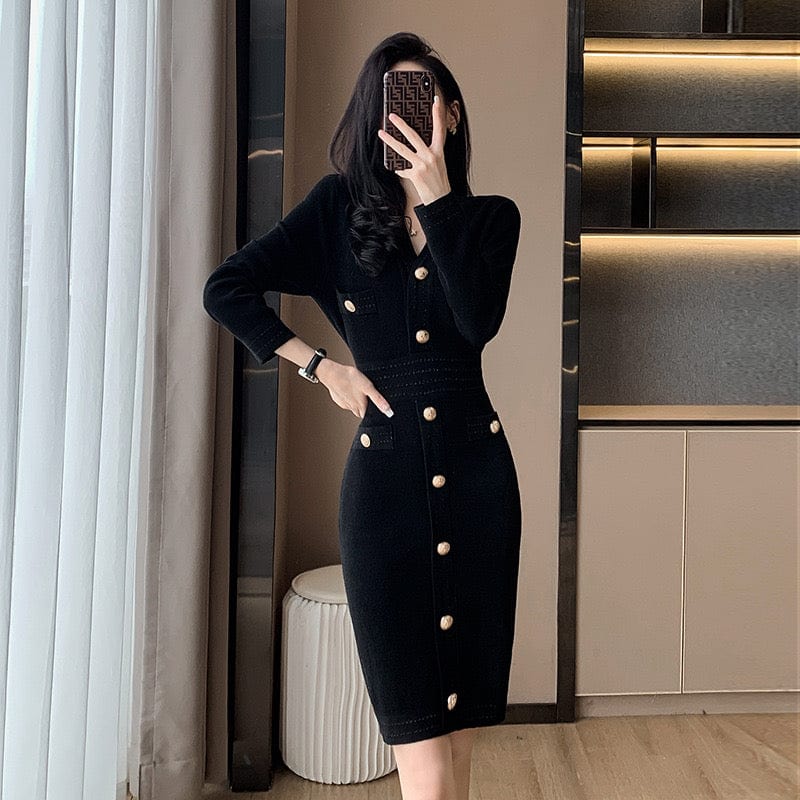 Robe longue maille luxueuse boutons dorés chic élégante automne hiver MAX for ME