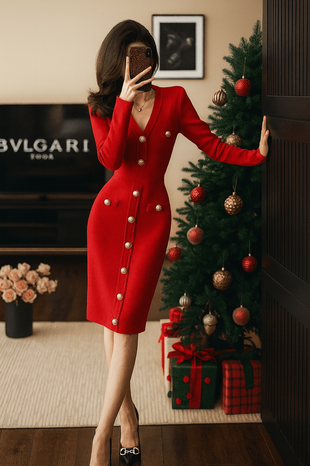 Robe longue maille luxueuse boutons dorés chic élégante automne hiver Rouge / S MAX for ME