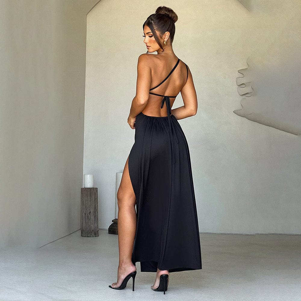 Robe Longue Rouge Épaule Asymétrique – Détail Froncé et Fente Élancée MAX FOR ME