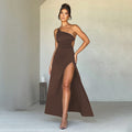 Robe Longue Rouge Épaule Asymétrique – Détail Froncé et Fente Élancée Marron / S MAX FOR ME