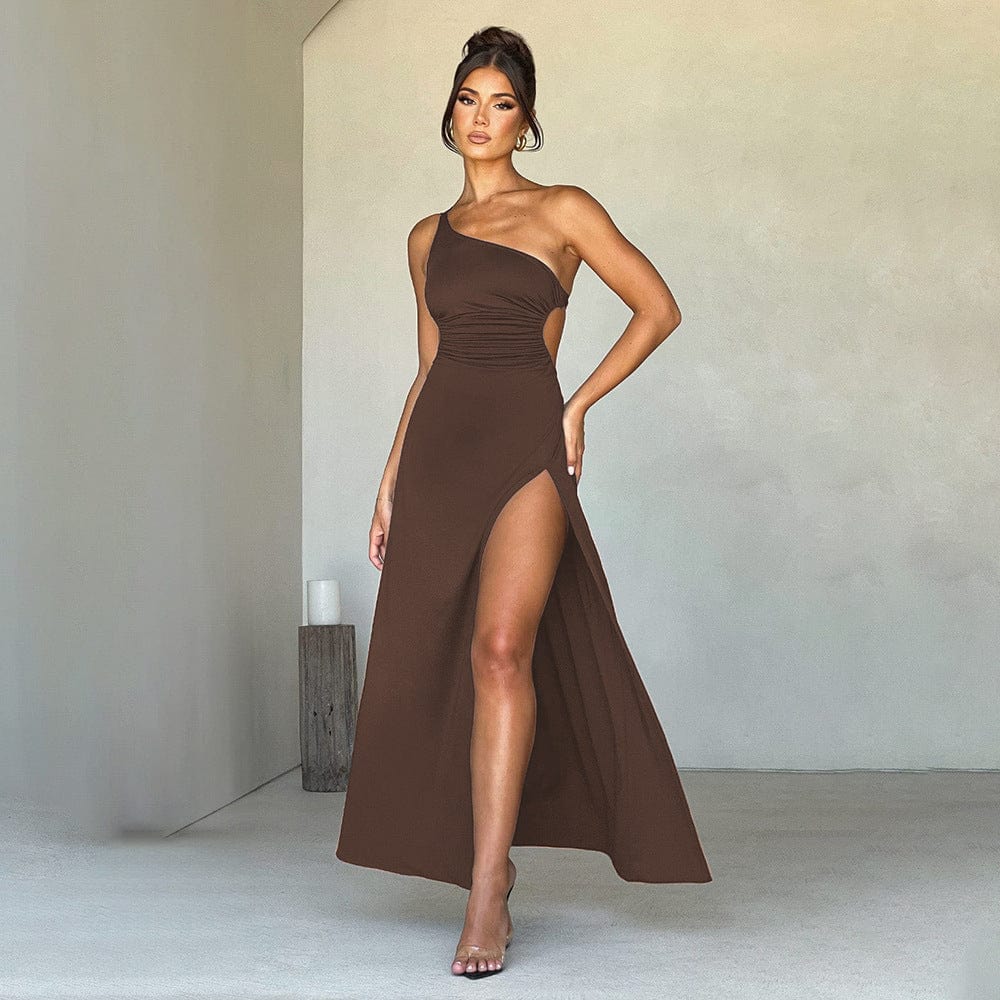 Robe Longue Rouge Épaule Asymétrique – Détail Froncé et Fente Élancée Marron / S MAX FOR ME