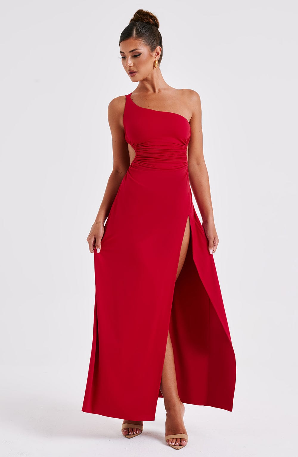 Robe Longue Rouge Épaule Asymétrique – Détail Froncé et Fente Élancée Rouge / S MAX FOR ME