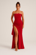 Robe Longue Sans Bretelles – Drapée Taille Haute et Fente Latérale Rouge / S MAX FOR ME