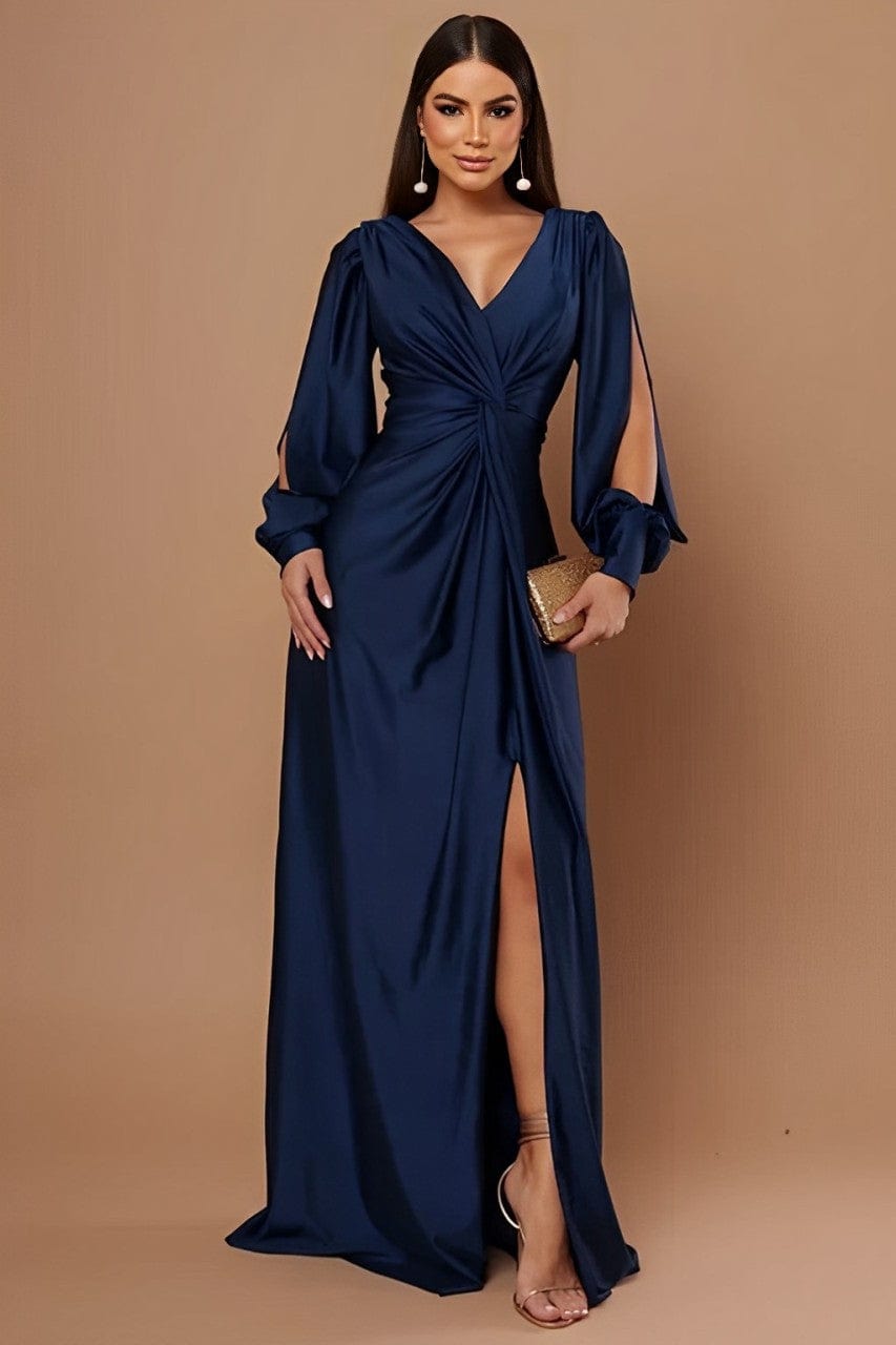 Robe Longue Satinée à Manches Fendues – Fente Élégante et Drapé Flatteur MAX FOR ME