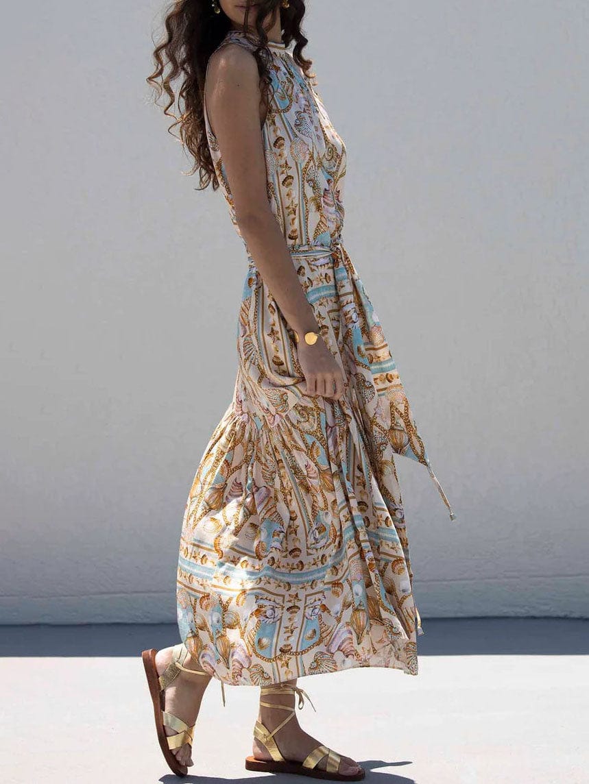 Robe longue satinée imprimé océan - élégance fluide pour toutes occasions MAX FOR ME