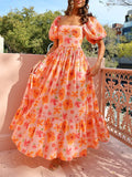Robe longue smockée manches bouffantes imprimée - charme vintage à poches Orange / S MAX FOR ME