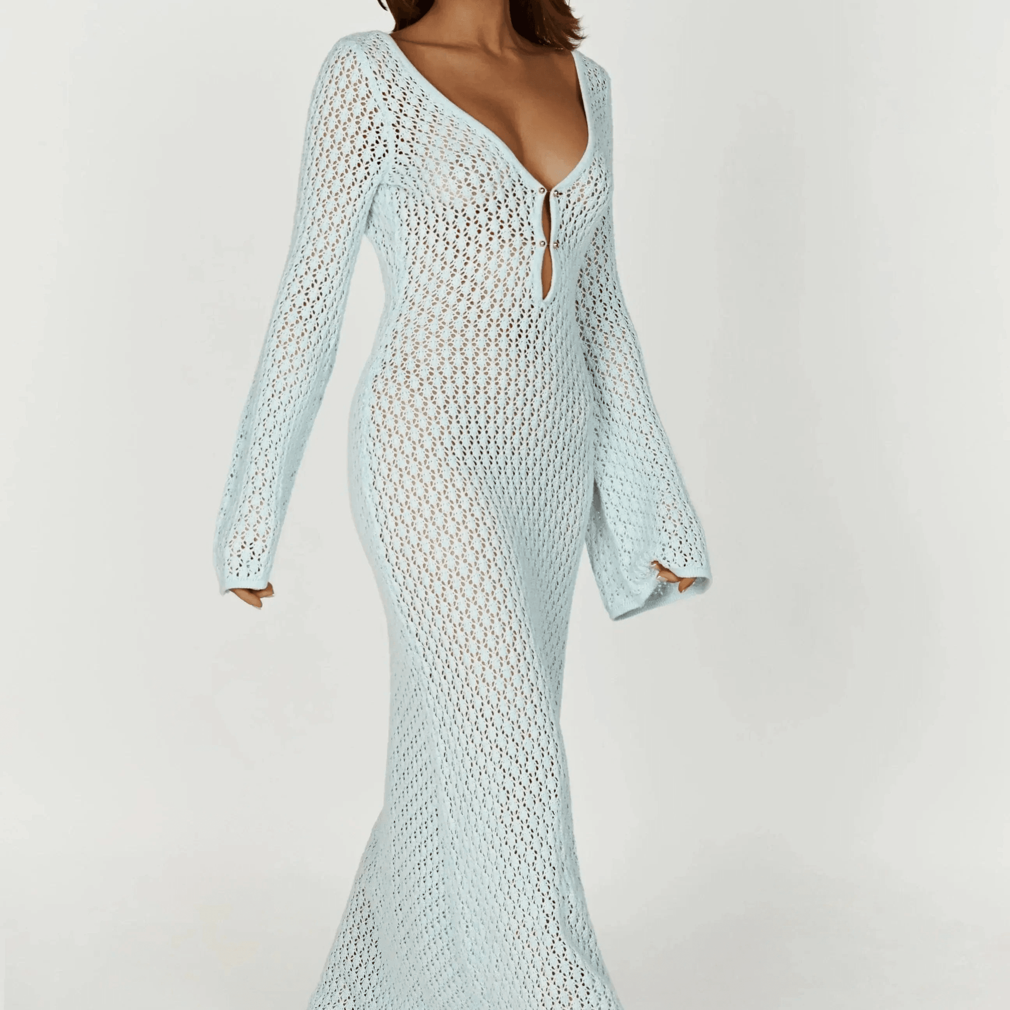 Robe Longue transprente en Crochet avec Manches Évasées