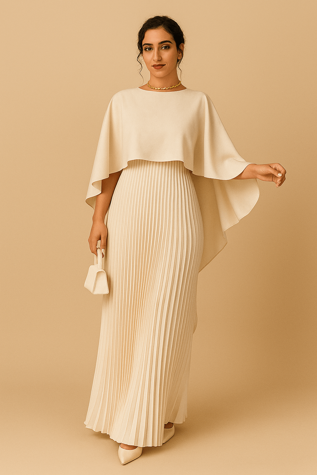 Robe longue verte à cape fluide et bas plissé – élégance structurée pour cérémonie Beige / S MAX FOR ME