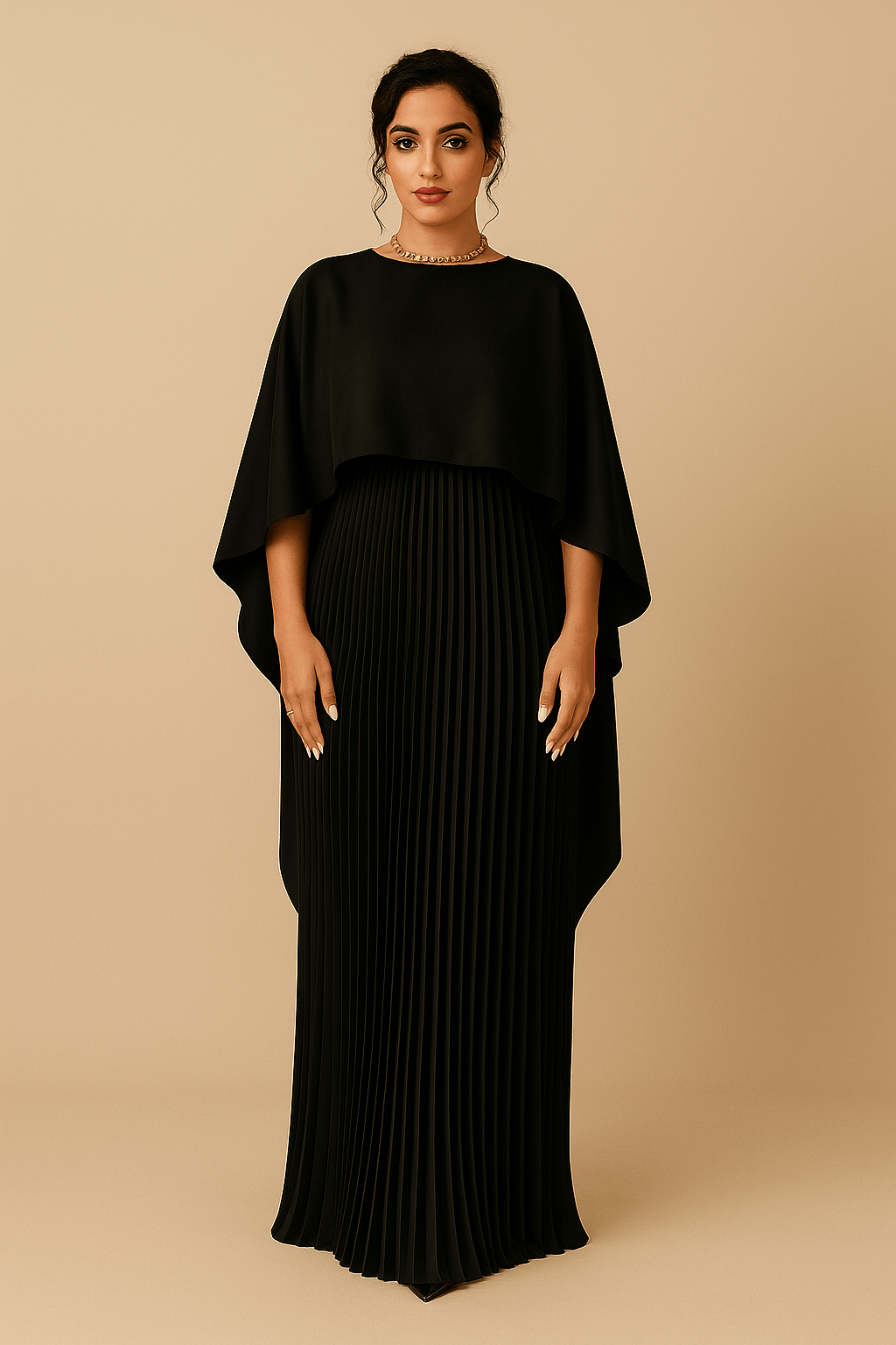 Robe longue verte à cape fluide et bas plissé – élégance structurée pour cérémonie Noir / S MAX FOR ME