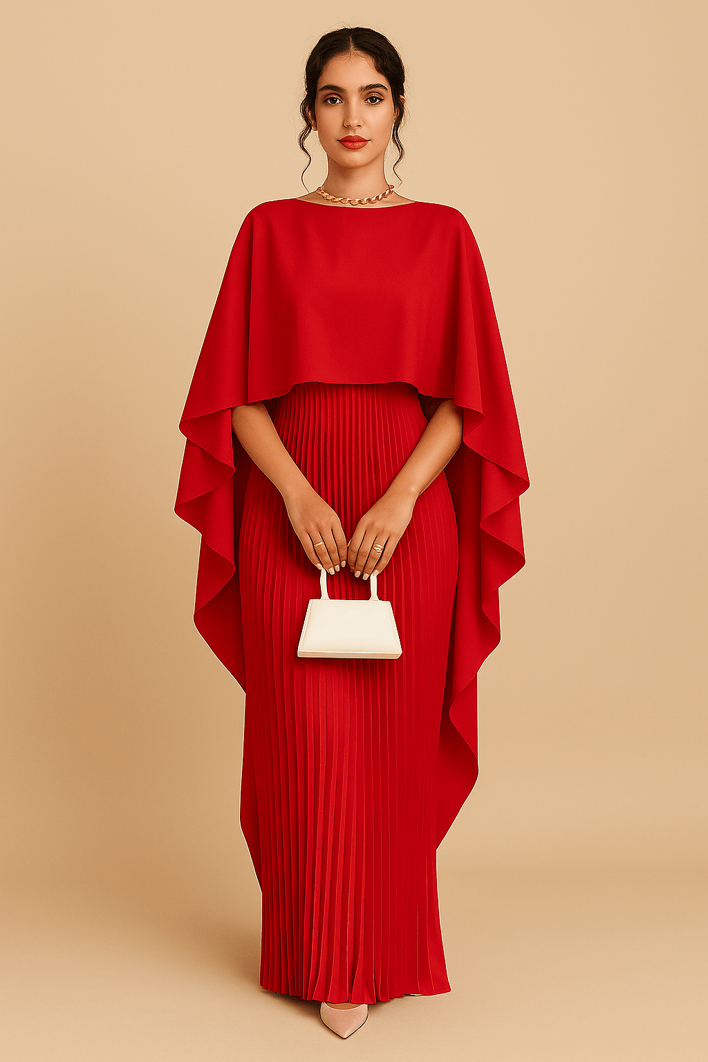 Robe longue verte à cape fluide et bas plissé – élégance structurée pour cérémonie Rouge / S MAX FOR ME