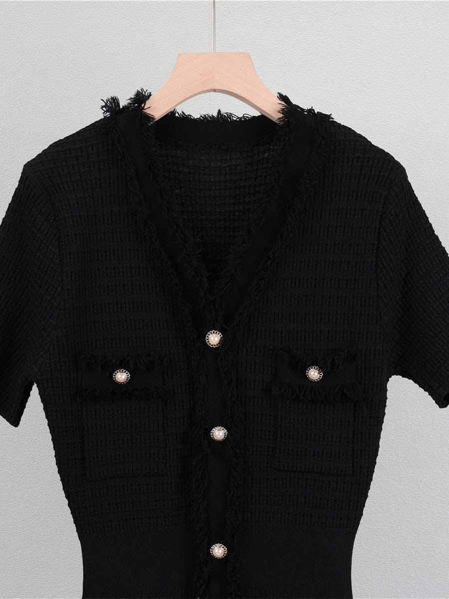 Robe maille franges style français manches courtes élégance estivale - douceur sophistiquée - MAX FOR ME MAX for ME