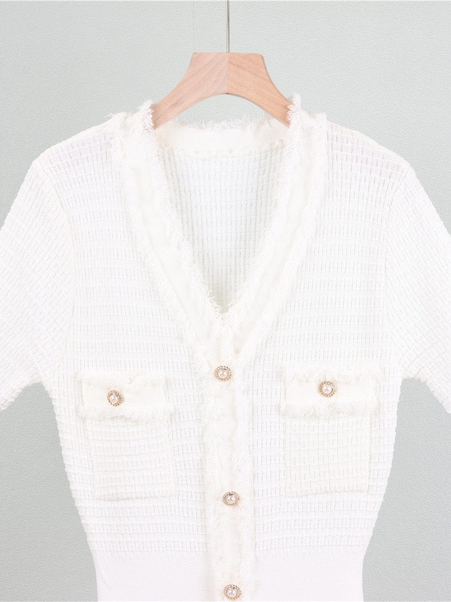 Robe maille franges style français manches courtes élégance estivale - douceur sophistiquée - MAX FOR ME Blanc / S MAX for ME