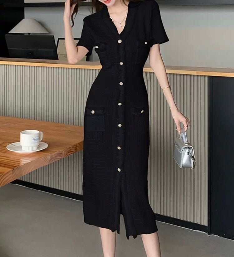 Robe maille franges style français manches courtes élégance estivale - douceur sophistiquée - MAX FOR ME Noir / S MAX for ME