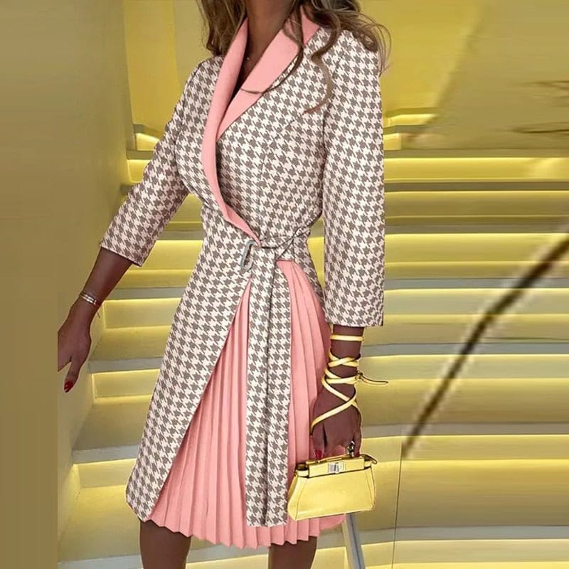 Robe manteau femme - Motif pied-de-poule - Ceinture nouée à la taille - Jupe plissée - Manches trois-quarts Rose / S MAX FOR ME