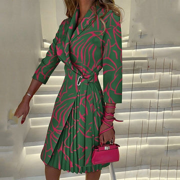 Robe manteau femme - Motif pied-de-poule - Ceinture nouée à la taille - Jupe plissée - Manches trois-quarts Vert / S MAX FOR ME