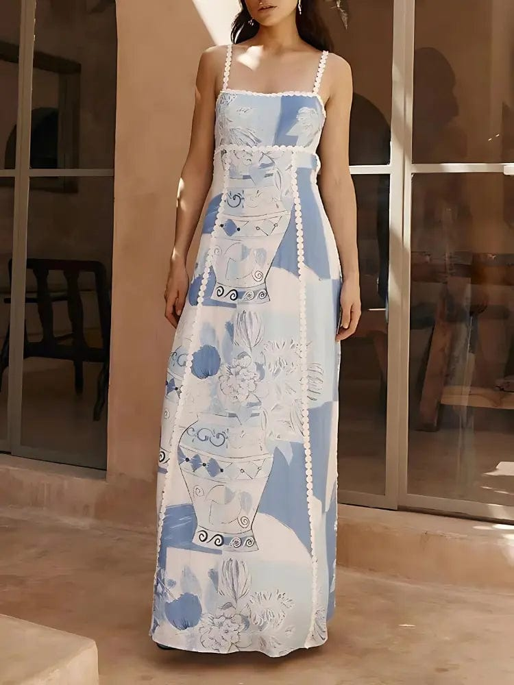 MAX for ME 36 / Bleu Robe Maxi à Col Carré Imprimé