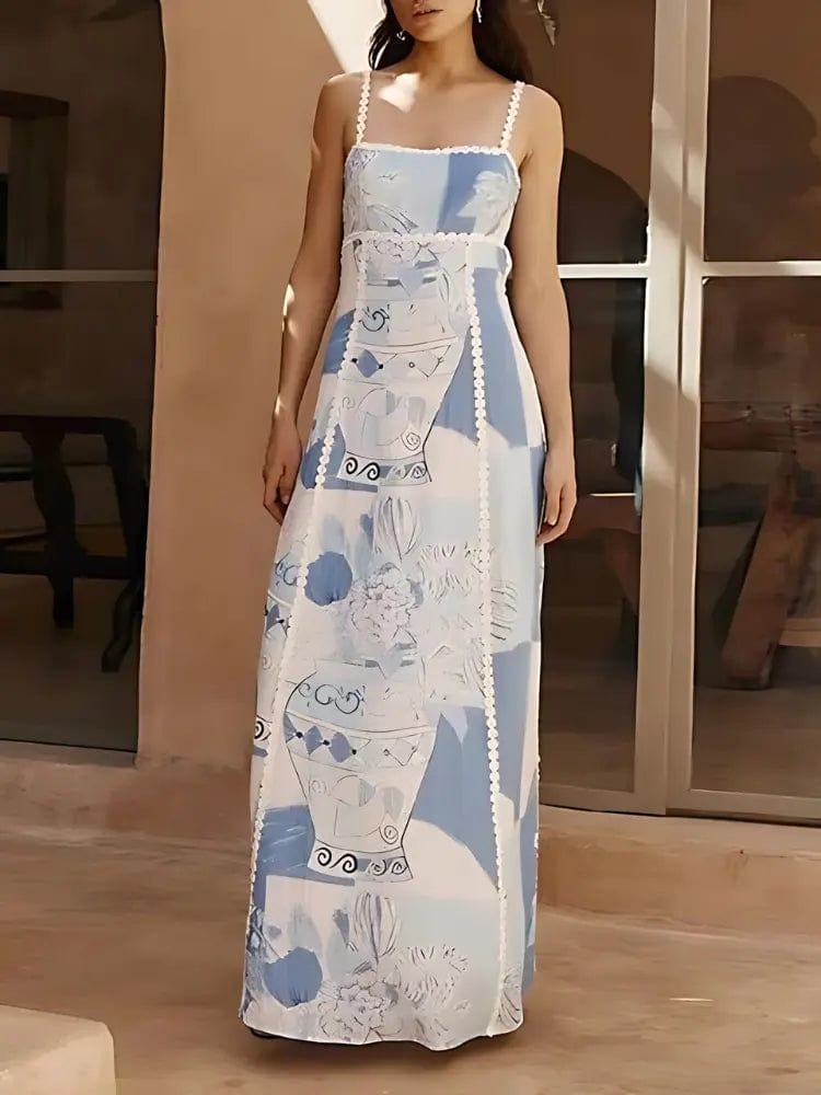 MAX for ME 40 / Bleu Robe Maxi à Col Carré Imprimé