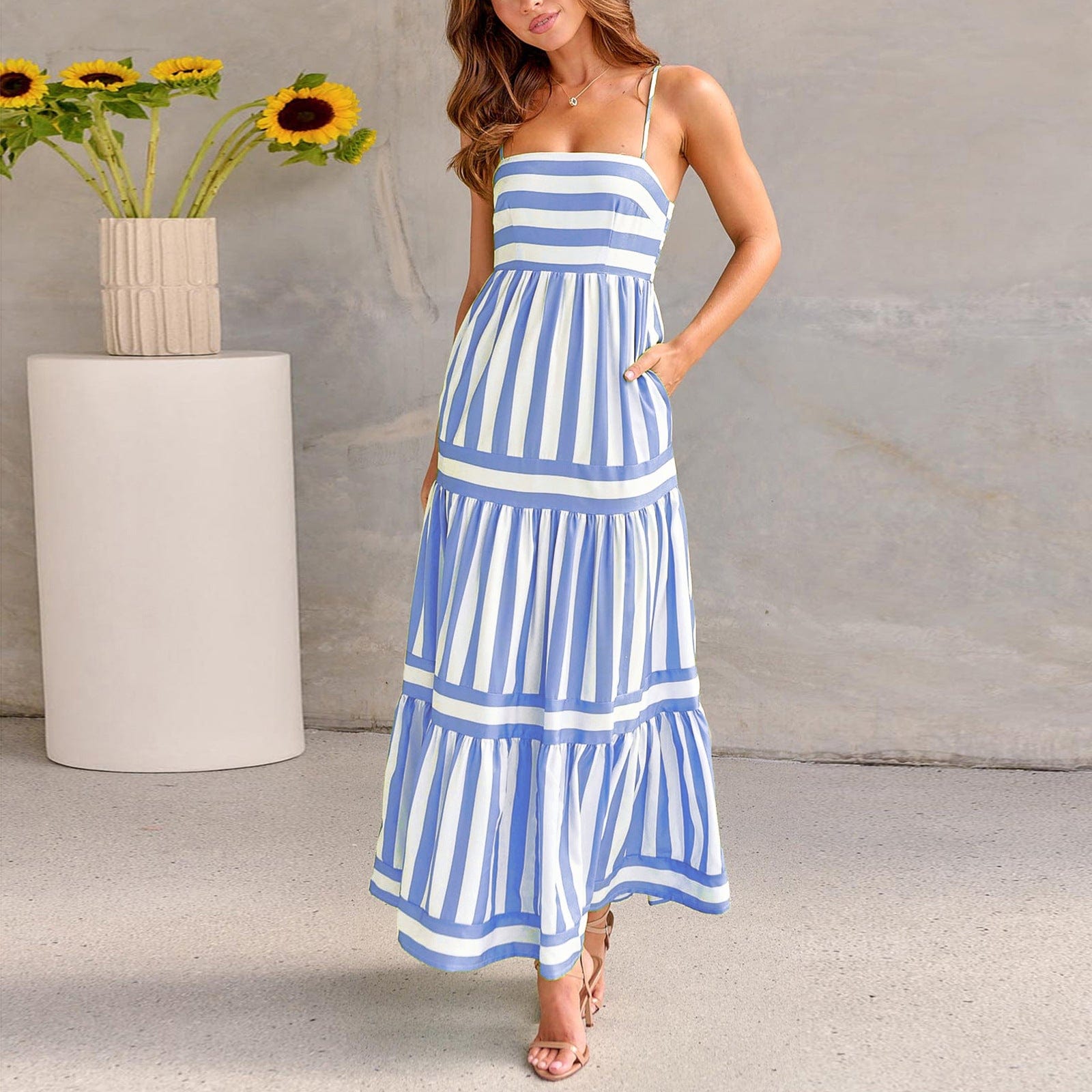 Robe maxi à niveaux rayés Bleu ciel / S MAX FOR ME